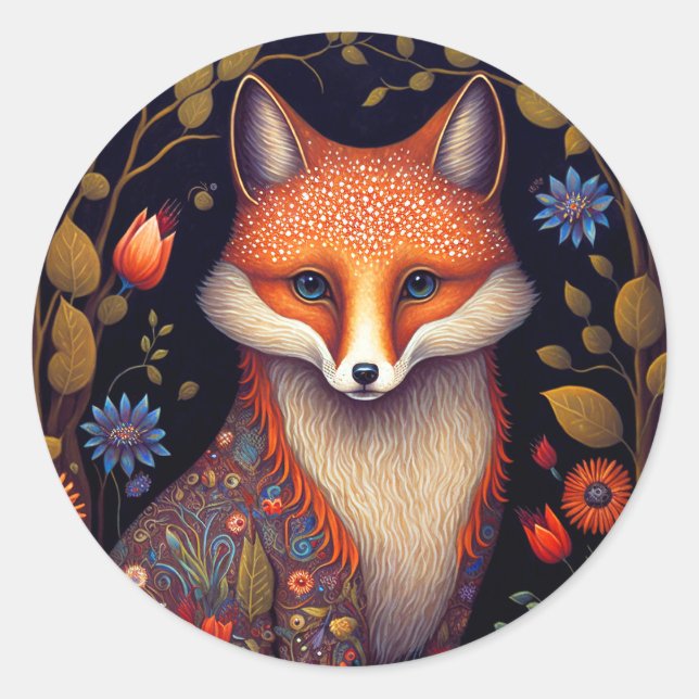 Sticker Rond Whimsical Fox Woodland Imaginaire Art (Devant)