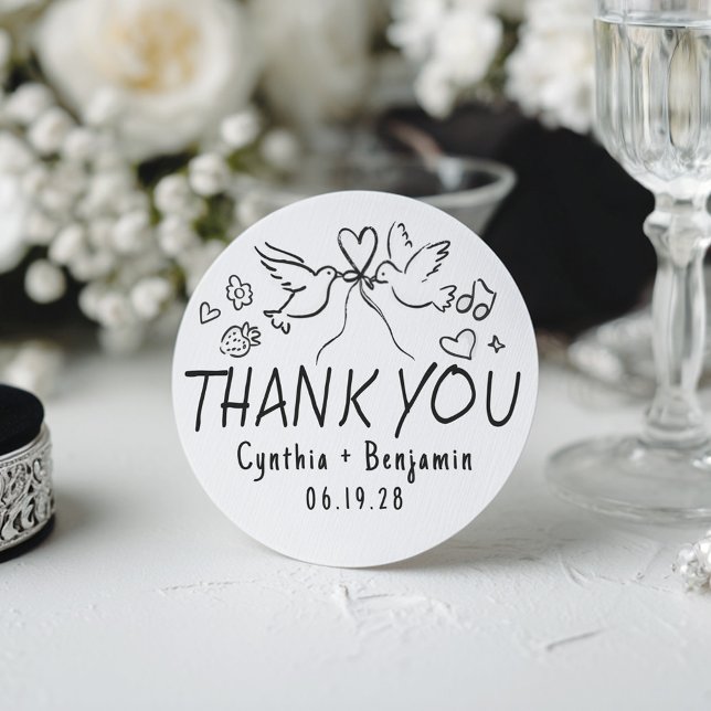 Sticker Rond Whimsical Funky Cute Hand Drawn Wedding Thank You (Hand-drawn Love Birds Sticker)