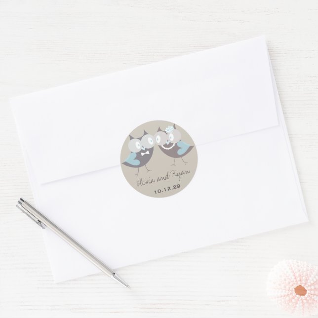 Sticker Rond Whimsical mignon Mariage Brown Blue Owls Party Fav (Enveloppe)
