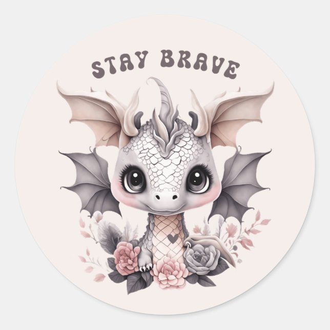 Sticker Rond Whimsical mignon rose "Restez courageux" Petit Dra (Devant)