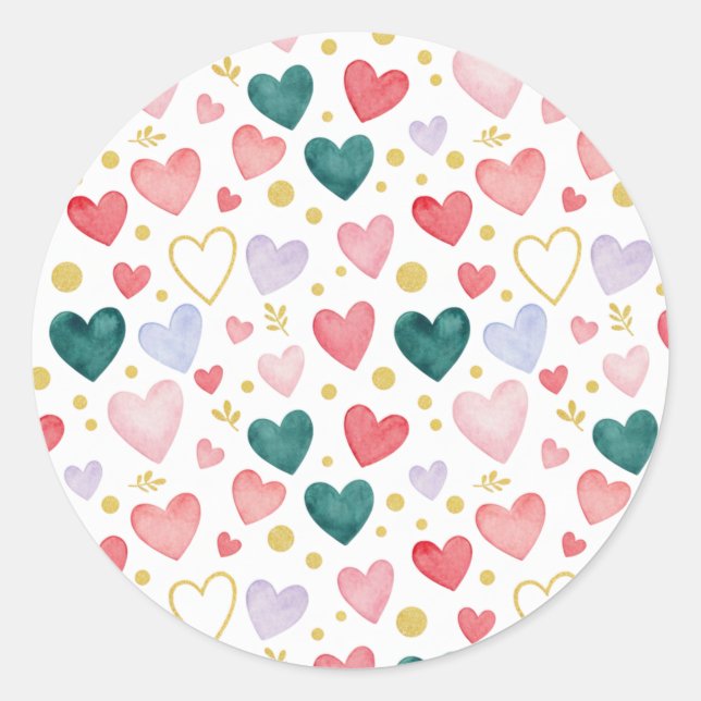Sticker Rond Whimsical Pastel Watercolor Hearts & Gold Leaf (Devant)