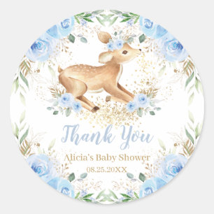 Sticker Rond Whimsical Sweet Deer Baby shower floral bleu