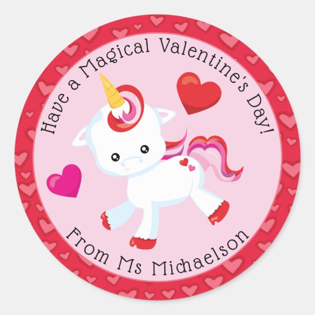 Sticker Rond Whimsical Valentine Magique Unicorn Coeurs (Devant)