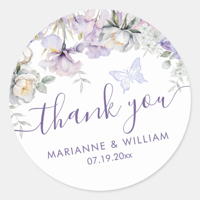 Sticker Rond Whimsical violet floral romantique Merci Mariage (Devant)