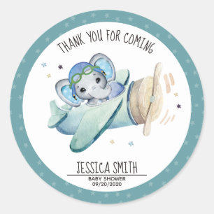 Sticker Rond Whimsical Watercolor Elephant Baby shower avion