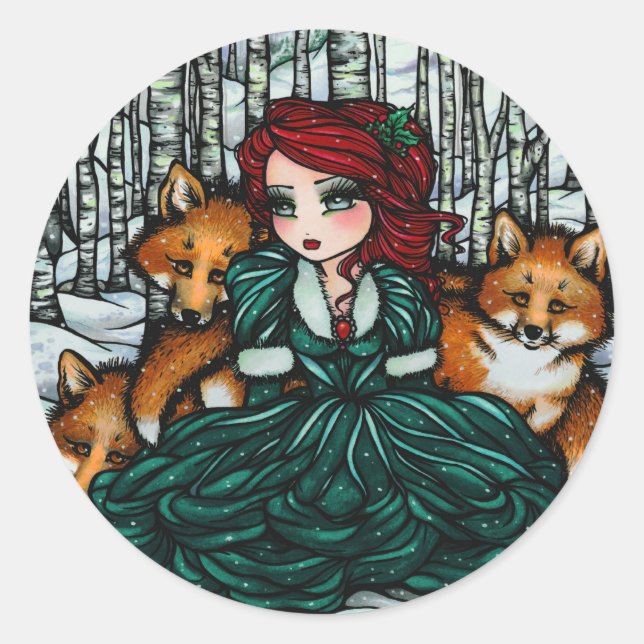Sticker Rond Whimsical Winter Fox Trees Imaginaire Fairy Comic  (Devant)