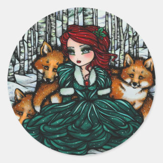 Sticker Rond Whimsical Winter Fox Trees Imaginaire Fairy Comic 