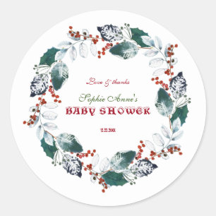 Sticker Rond Whimsical Winter Holy Berries Wreath Baby shower