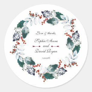 Sticker Rond Whimsical Winter Holy Berries Wreath Mariage