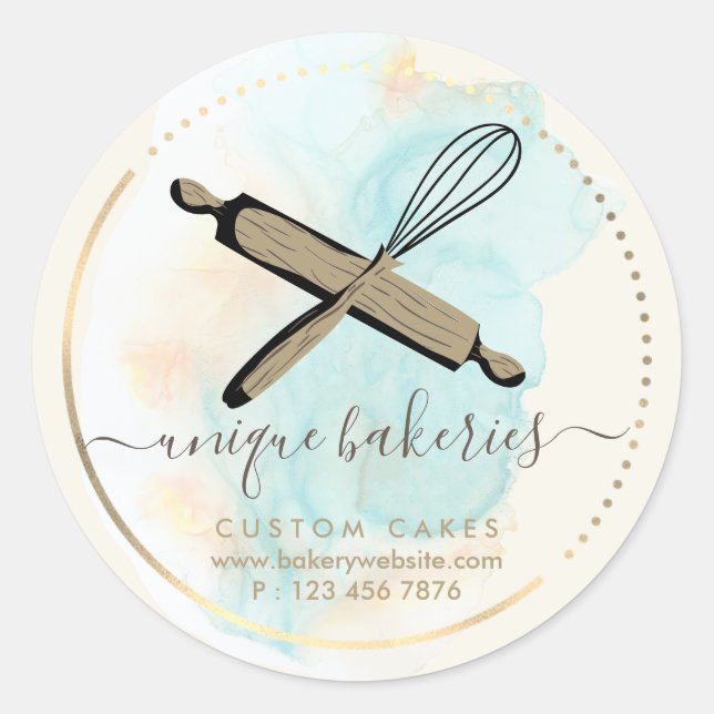 Sticker Rond Whisk Rolling Pin Bakery Pâtisseries élégantes (Devant)