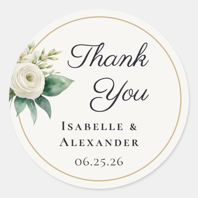 Sticker Rond White Botanical Wedding Thank You (Devant)