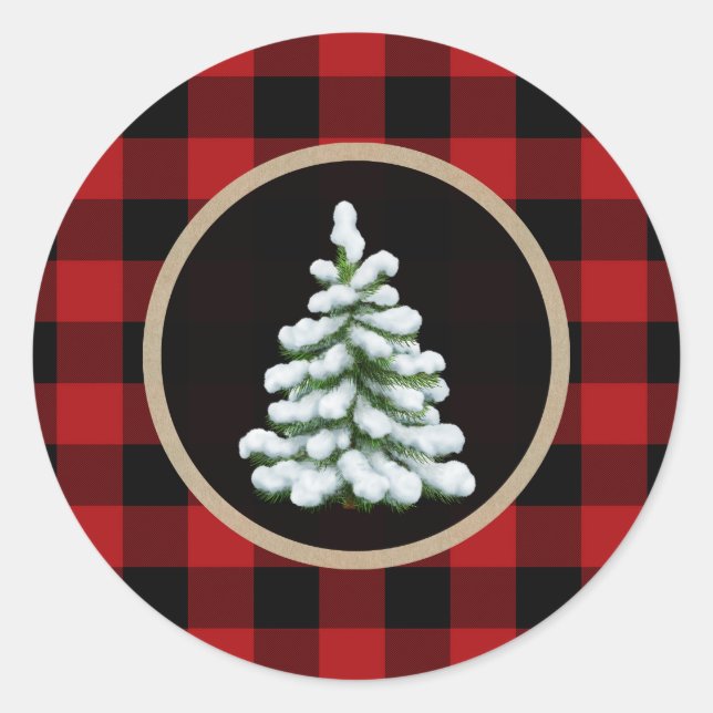 Sticker Rond White Christmas Tree Holiday Red Buffalo Plaid (Devant)