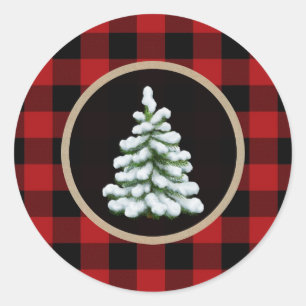 Sticker Rond White Christmas Tree Holiday Red Buffalo Plaid