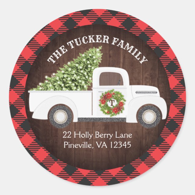 Sticker Rond White Christmas Truck Tree Werath Plaid Adresse (Devant)