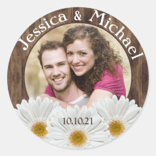 Sticker Rond White Daisy Rustic Wood Photo Mariage Enregistrer
