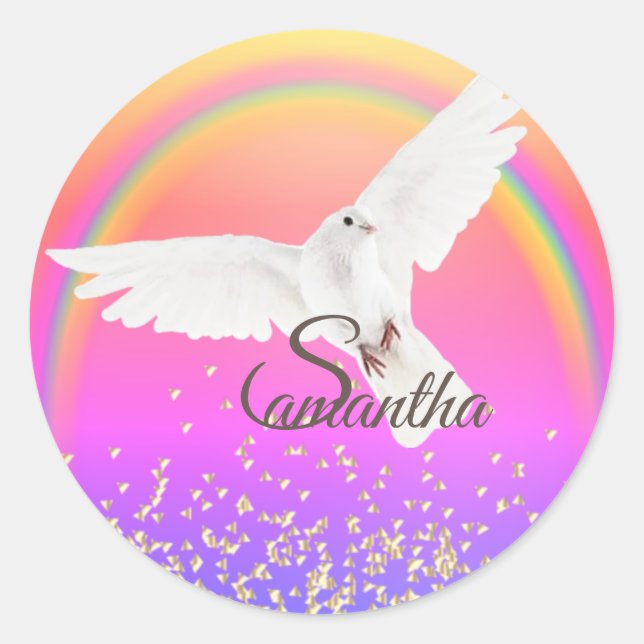 Sticker Rond White Dove Arc-en-ciel et parties scintillant d'or (Devant)