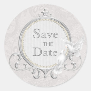 Sticker Rond White Doves & Paisley Lace Enregistrer Le Mariage 