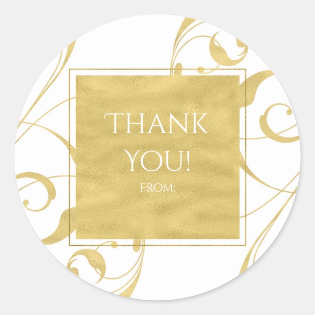 Sticker Rond White & Faux Gold Floral Swirl Mariage élégant (Devant)