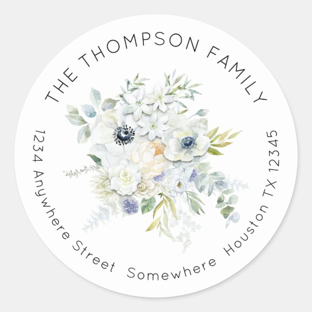 Sticker Rond White Florals Eucalyptus Nom de retour Adresse (Devant)