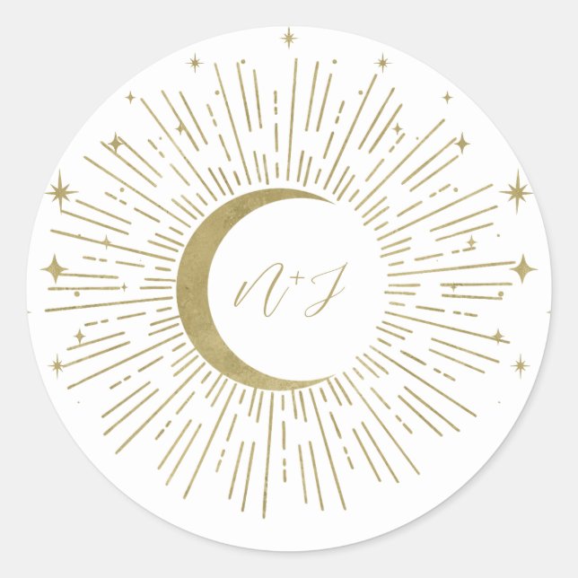 Sticker Rond White & Gold Stars Celestial Sunburst Moon Mariage (Devant)