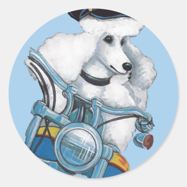 Sticker Rond White Poodle Biker Chick Art Imprimer (Devant)