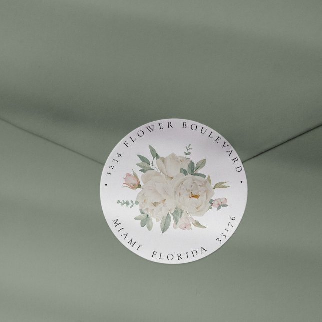 Sticker Rond White ROSES Bouquet Botanique Adresse de retour (Créateur téléchargé)