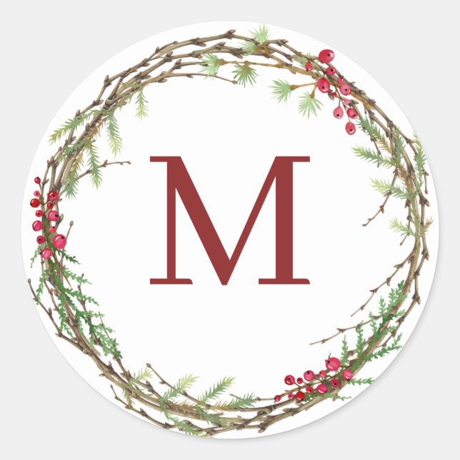 Sticker Rond White Rustic Christmas Wreath Monogram (Devant)