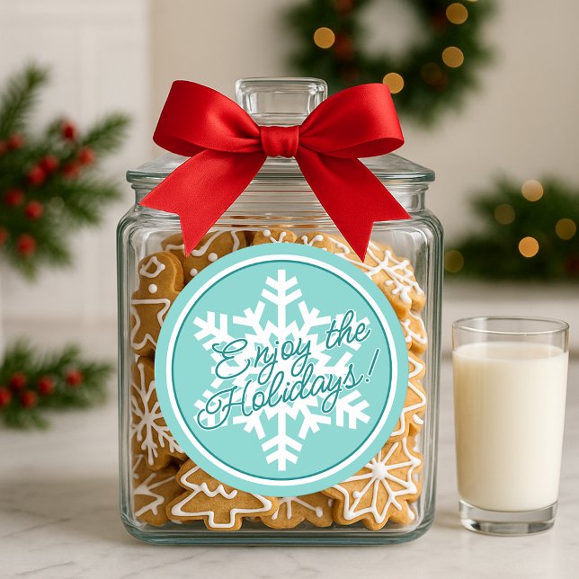 Sticker Rond White Snowflake On Teal Aqua Turquoise Blue Green (Créateur téléchargé)