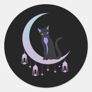 Sticker Rond Wicca Crescent Lune Chat Mystique Pastel Goth