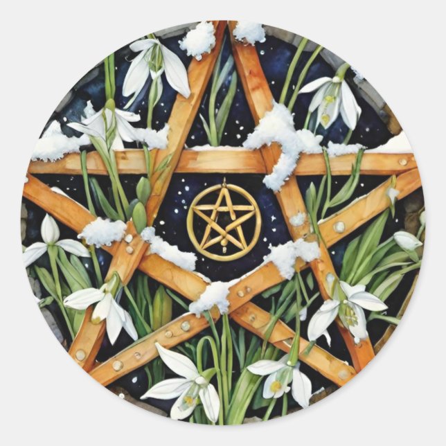 Sticker Rond Wiccan Imbolc Chandlemas Snowrops Pentacle (Devant)