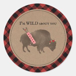 Sticker Rond Wild About You Buffalo Plaid Cupid Valentine