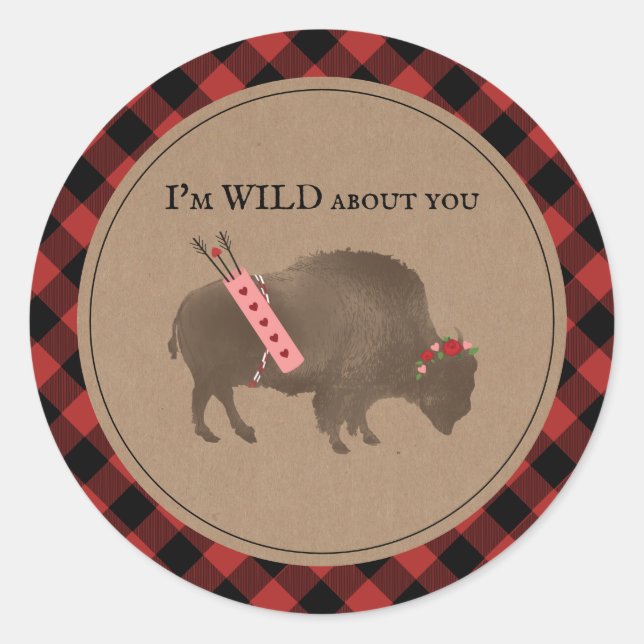 Sticker Rond Wild About You Buffalo Plaid Cupid Valentine (Devant)