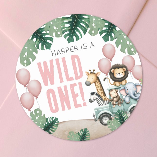 Sticker Rond Wild One Safari Anniversaire 1ère année (Wild One Pink Safari 1st Birthday Classic Round Sticker)