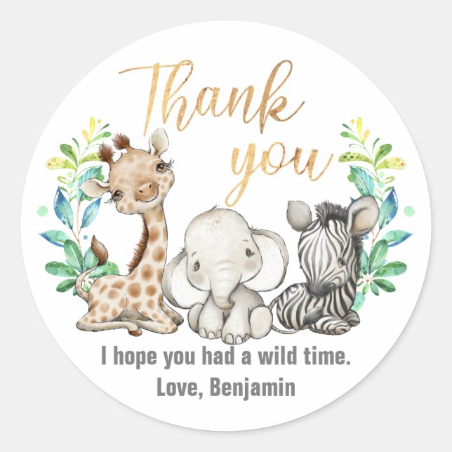 Sticker Rond Wild Safari Jungle Party Animaux Merci classique (Devant)