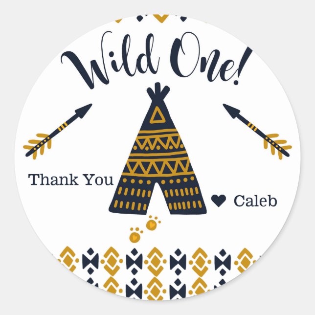 Sticker Rond Wild Un 1er anniversaire Blue Gold Tepee Party Fav (Devant)