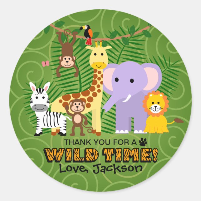 Sticker Rond Wild Zoo Animal Jungle Safari Anniversaire Merci (Devant)