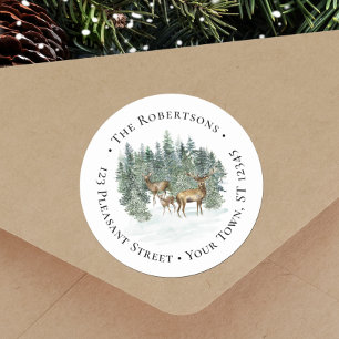 Sticker Rond Winter Forest Deer Christmas Round Return Adresse