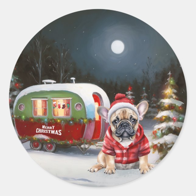 Sticker Rond Winter French Bulldog Caravan Christmas Adventure (Devant)