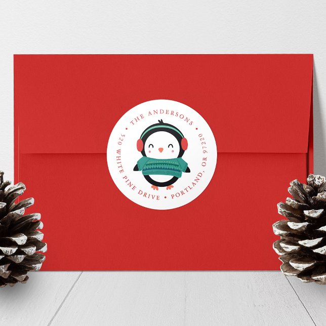 Sticker Rond Winter Friends Penguin Holiday Adresse de retour (Créateur téléchargé)