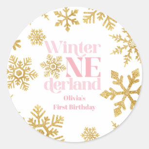 Sticker Rond Winter Onederland Pink Gold Snowflake 1er annivers