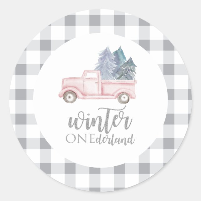 Sticker Rond Winter Onederland Premier anniversaire camion rose (Devant)