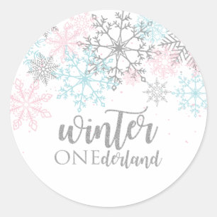 Sticker Rond Winter Onederland Rose bleu argent parties scintil