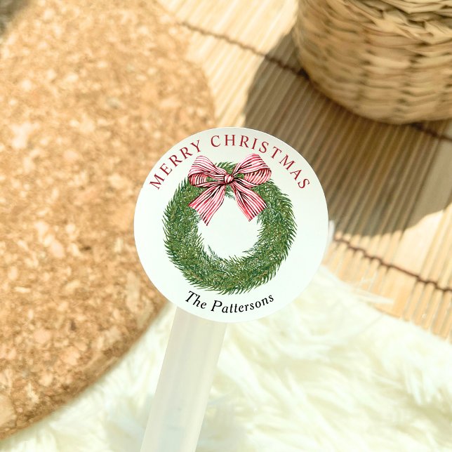 Sticker Rond Winter Pine Wreath Striped Red Bow Merry Christmas (Créateur téléchargé)