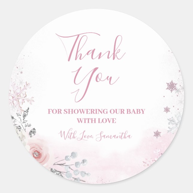 Sticker Rond Winter Pink Snowflake Sleigh Baby Shower Thank You (Devant)
