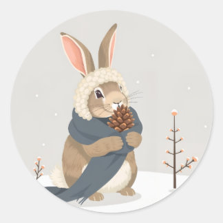 Sticker Rond Winter rabbit fun Christmas