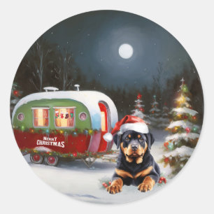 Sticker Rond Winter Rottweiler Caravan Christmas Adventure