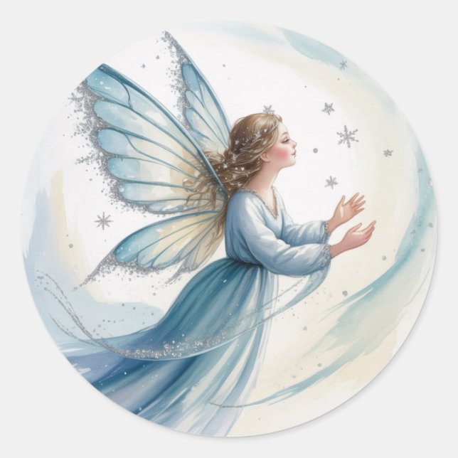Sticker Rond Winter Snow Fairy Watercolor Art (Devant)
