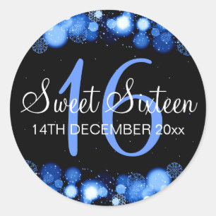 Sticker Rond Winter Sweet 16 Anniversaire Fête Blue Bokeh Lumiè