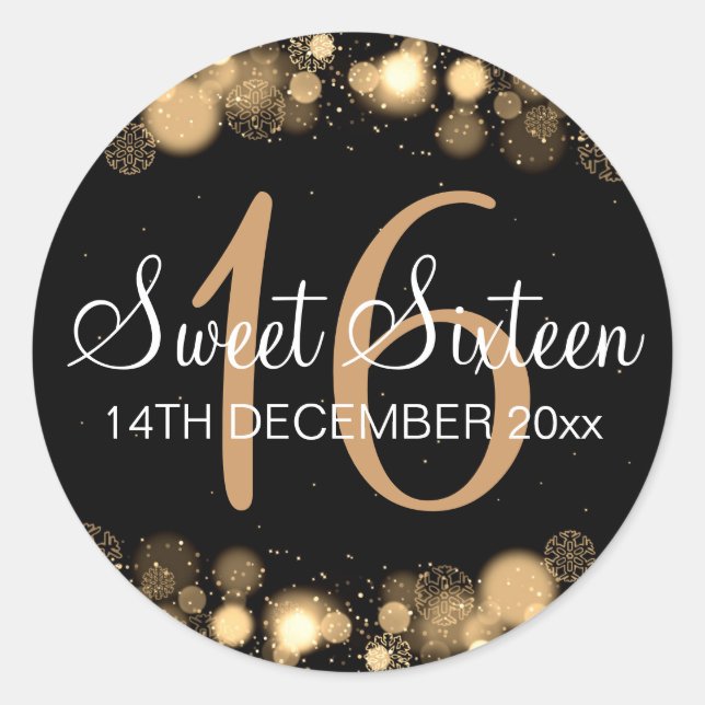 Sticker Rond Winter Sweet 16 Anniversaire Soirée Gold Bokeh Lum (Devant)