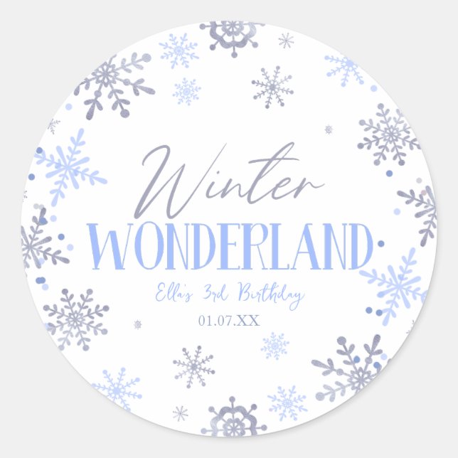 Sticker Rond Winter Wonderland Blue Snowflake fête d'anniversai (Devant)